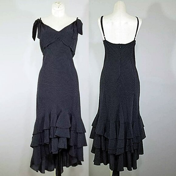 Vtg Benetton Italy High Low Dance Dress L Black White Pin Dot Ruffle Tiered Hem - Picture 1 of 10